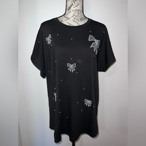 On Twelfth Black Bow & Pearl Embellished Tee - Size 2X - Coquette Core